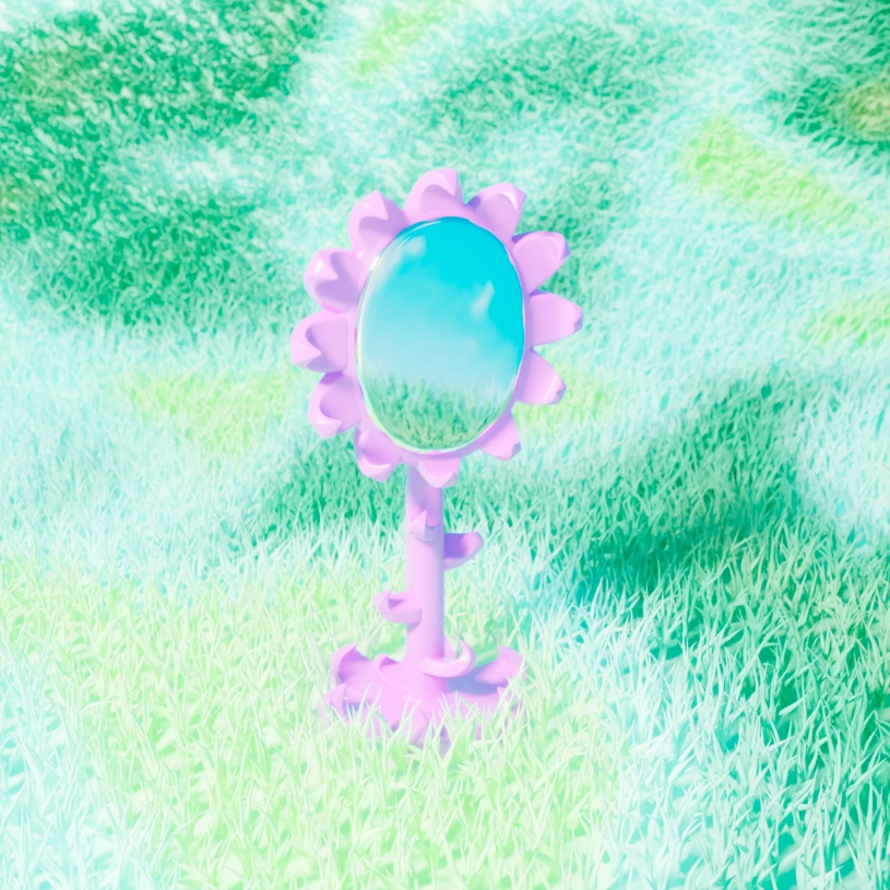 render mirall rosa amb fons de gespa verda